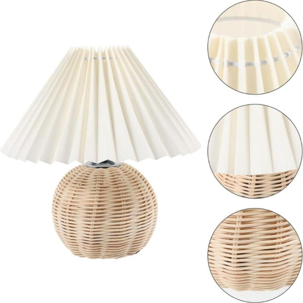 Rattanowa Lampka Stołowa z Plisowanym Kloszem – Retro Lampka Nocna do Sypialni i Salonu