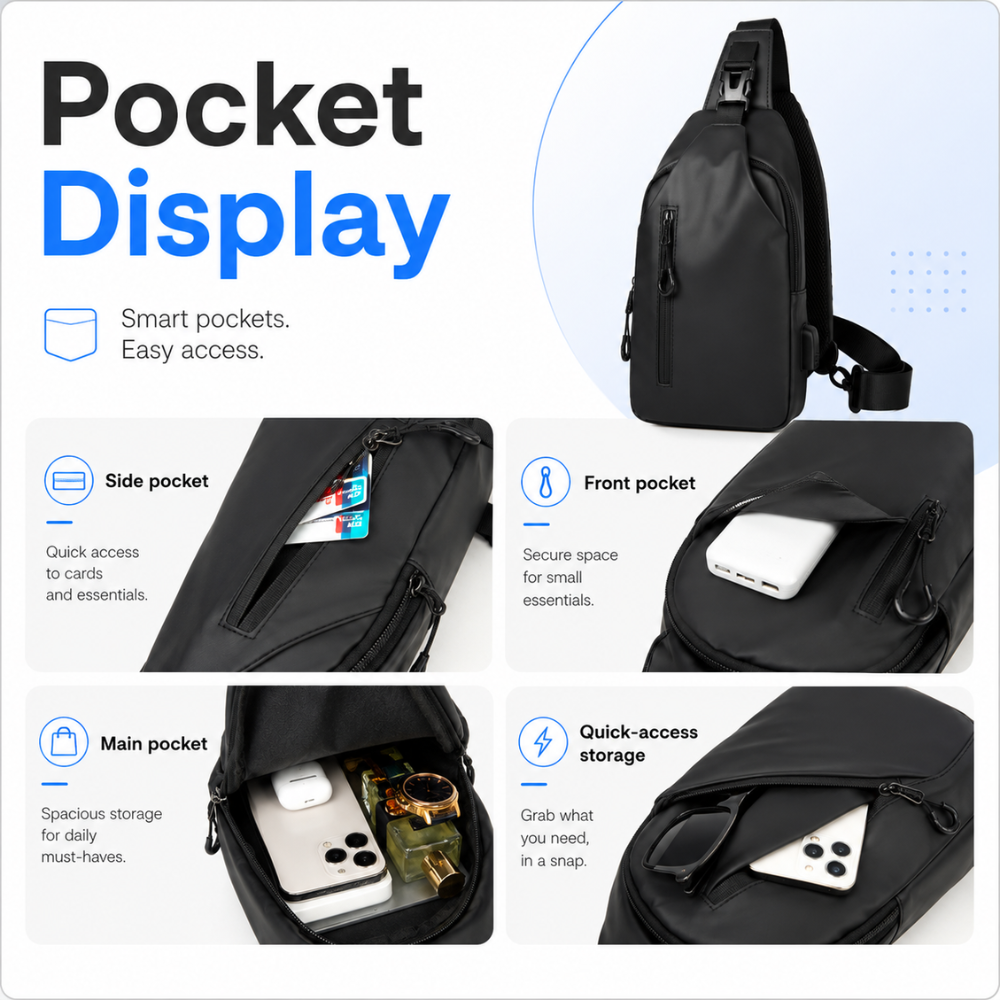 Torba Crossbody Sling na Ramię – Lekka Wodoodporna Saszetka z Regulowanym Paskiem do Podróży