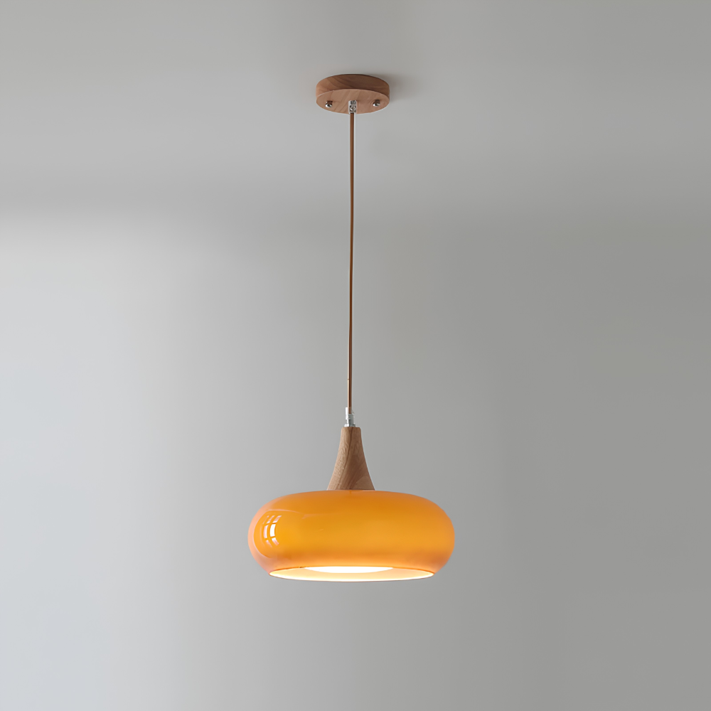 Pojedyncza pomarańczowa lampa wisząca szklana z drewnianym łącznikiem