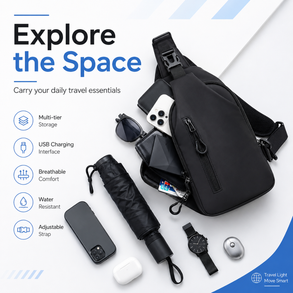 Torba Crossbody Sling na Ramię – Lekka Wodoodporna Saszetka z Regulowanym Paskiem do Podróży