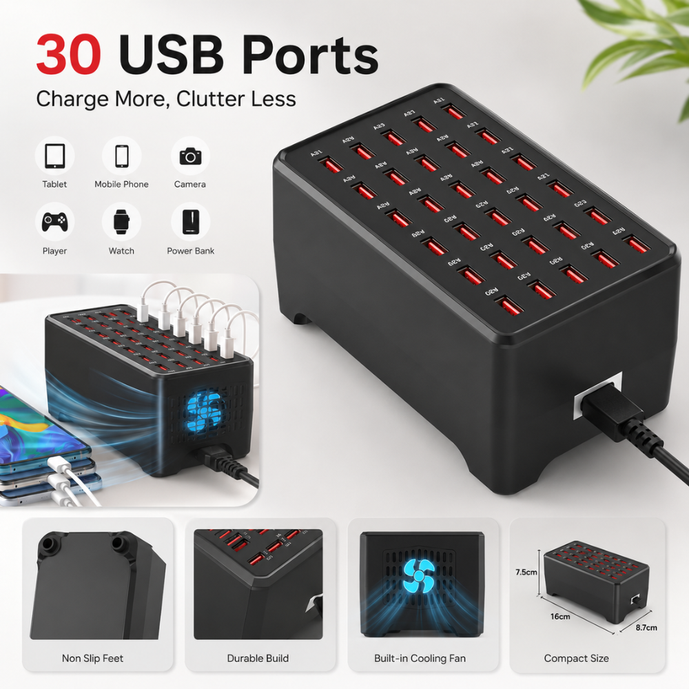 Stacja Ładowania USB 30 Portów – Wieloportowa Ładowarka 150W do Telefonów, Tabletów i Smartwatchy