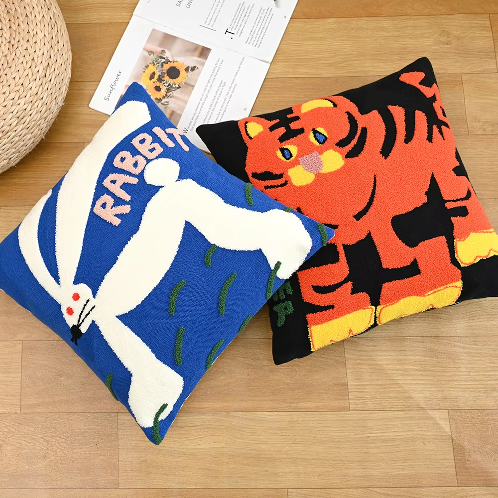 Poszewki na poduszki 45x45 cm z haftem – dekoracyjna poszewka retro ze zwierzęcym motywem