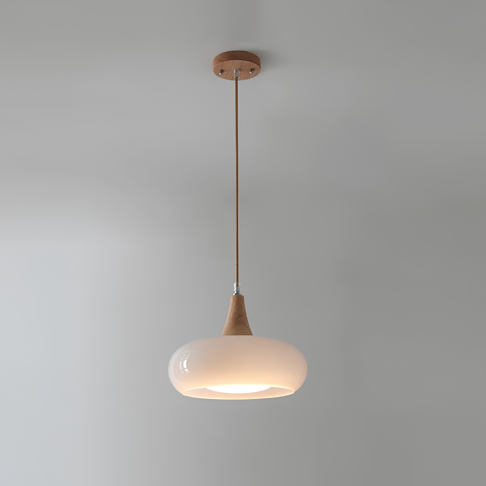 Pojedyncza biała lampa wisząca szklana z drewnianym łącznikiem