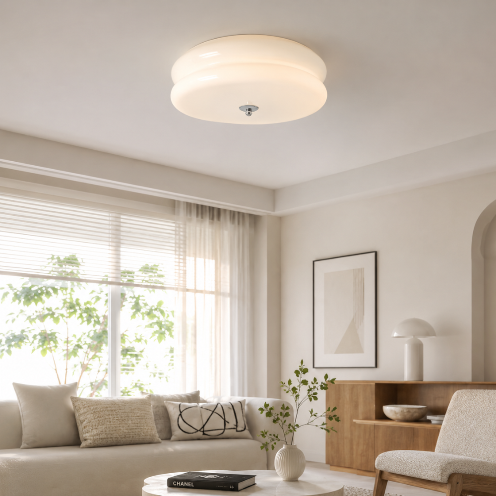 Okrągła Lampa Sufitowa Natynkowa – Klosz w Stylu Mlecznego Szkła, LED do Salonu i Sypialni