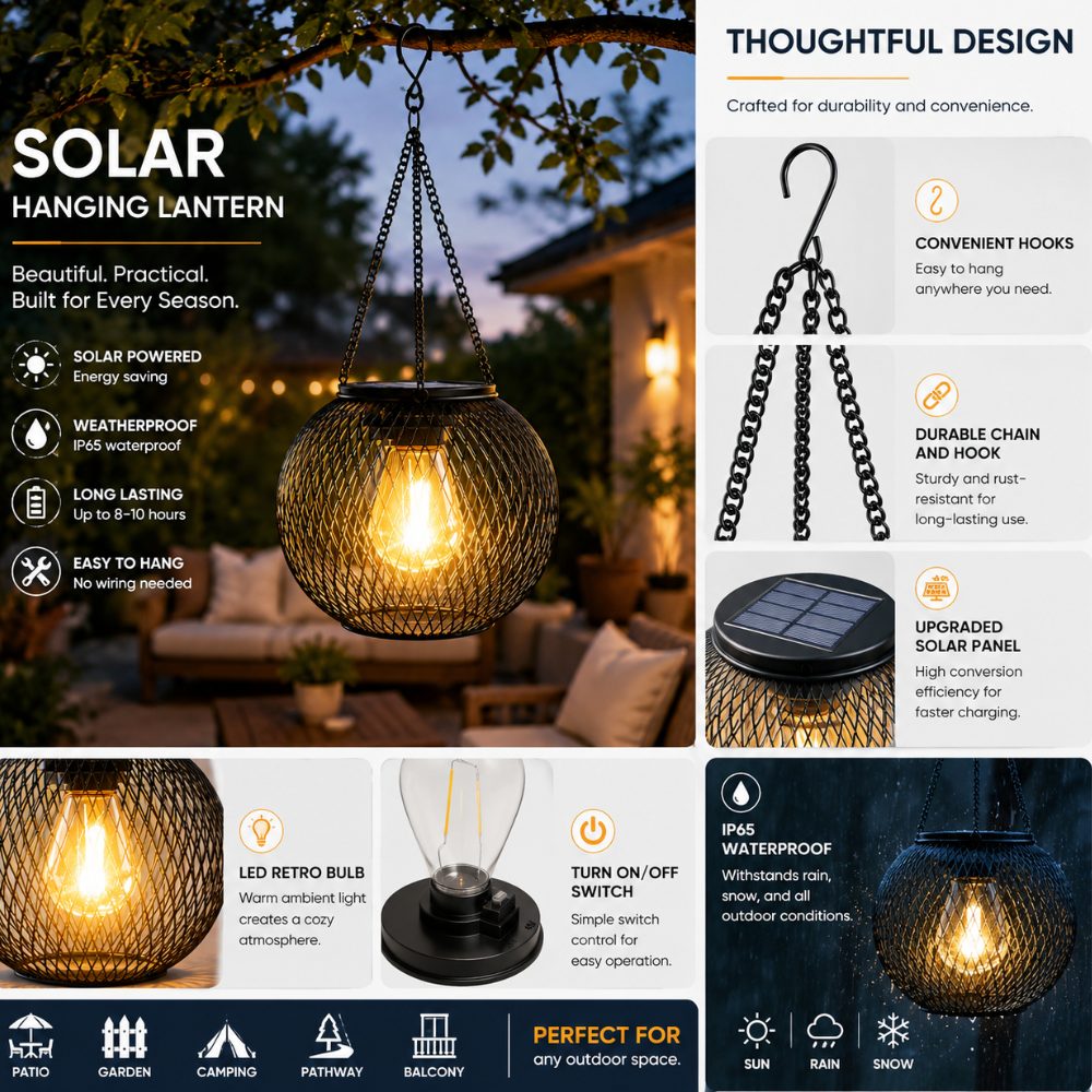 Solarna Lampa Wisząca Ogrodowa LED – Wodoodporny Lampion Solarny do Zawieszenia na Taras, Balkon i Ogród
