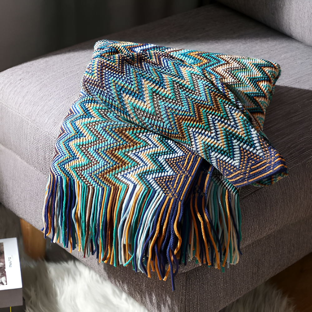 Koc akrylowy z frędzlami 130x170 lub 130x230 cm – dziergany koc boho w zygzak, 3 kolory