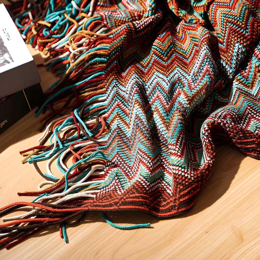 Koc akrylowy z frędzlami 130x170 lub 130x230 cm – dziergany koc boho w zygzak, 3 kolory