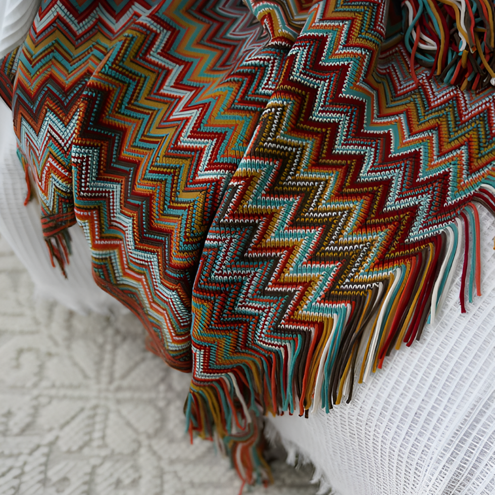 Koc akrylowy z frędzlami 130x170 lub 130x230 cm – dziergany koc boho w zygzak, 3 kolory