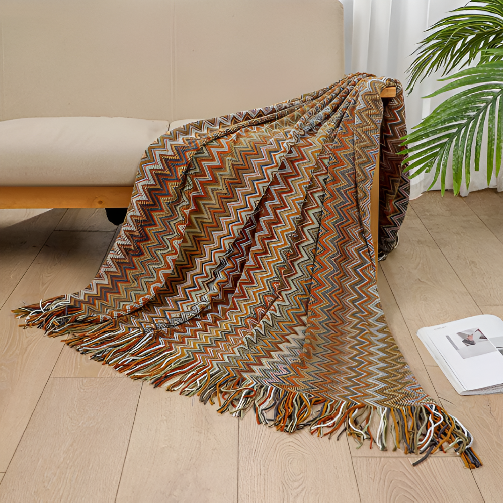 Koc akrylowy z frędzlami 130x170 lub 130x230 cm – dziergany koc boho w zygzak, 3 kolory