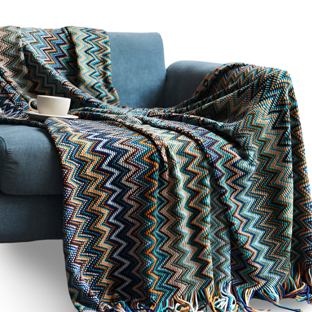 Koc akrylowy z frędzlami 130x170 lub 130x230 cm – dziergany koc boho w zygzak, 3 kolory