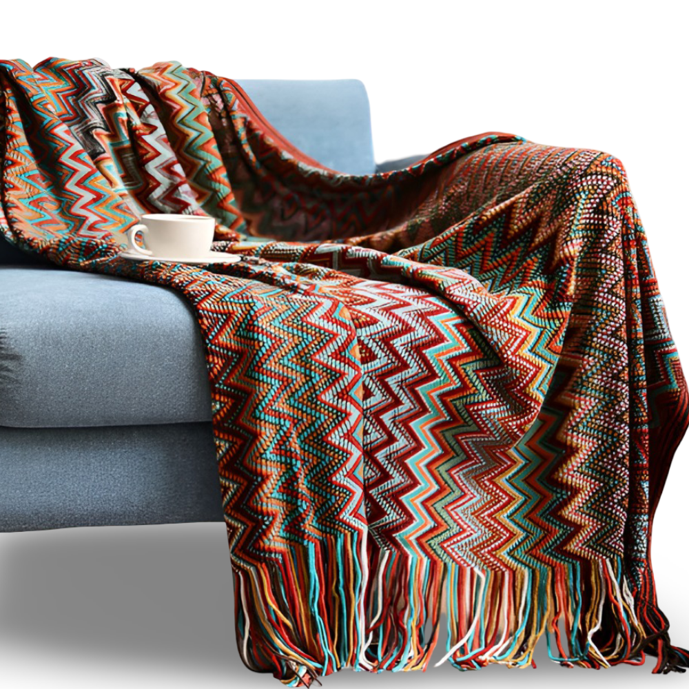 Koc akrylowy z frędzlami 130x170 lub 130x230 cm – dziergany koc boho w zygzak, 3 kolory