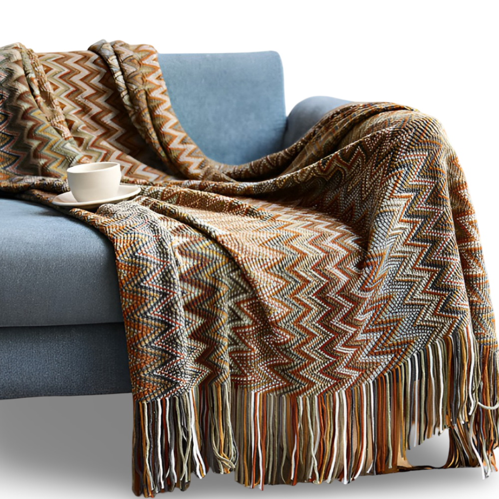 Koc akrylowy z frędzlami 130x170 lub 130x230 cm – dziergany koc boho w zygzak, 3 kolory