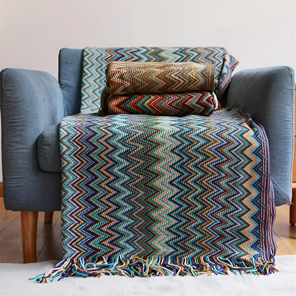 Koc akrylowy z frędzlami 130x170 lub 130x230 cm – dziergany koc boho w zygzak, 3 kolory