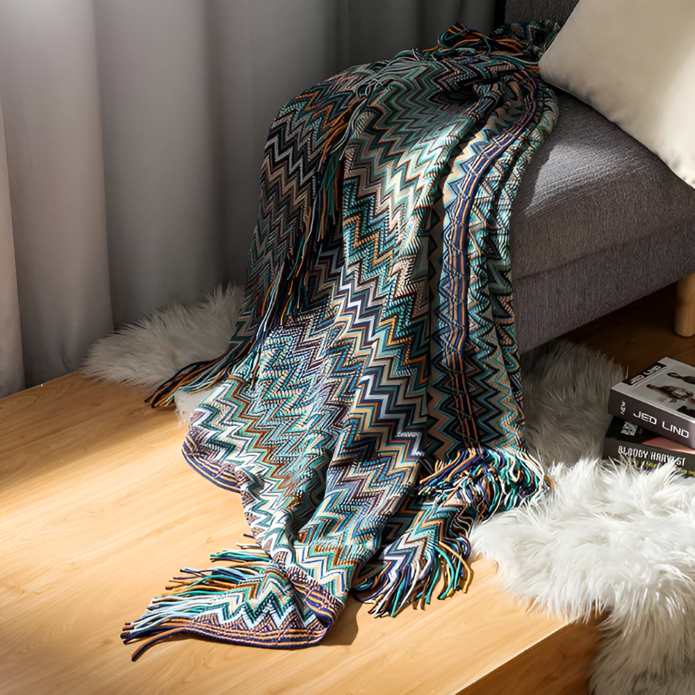 Koc akrylowy z frędzlami 130x170 lub 130x230 cm – dziergany koc boho w zygzak, 3 kolory