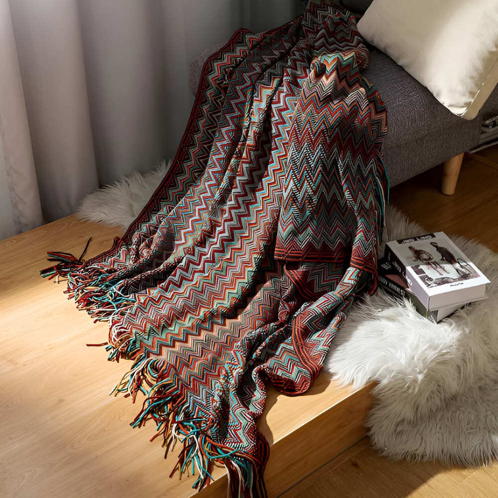 Koc akrylowy z frędzlami 130x170 lub 130x230 cm – dziergany koc boho w zygzak, 3 kolory