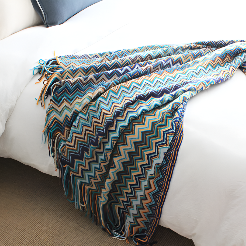 Koc akrylowy z frędzlami 130x170 lub 130x230 cm – dziergany koc boho w zygzak, 3 kolory