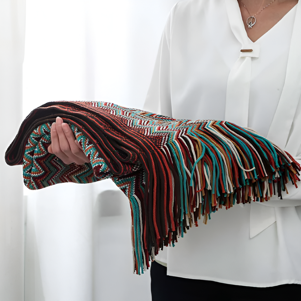 Koc akrylowy z frędzlami 130x170 lub 130x230 cm – dziergany koc boho w zygzak, 3 kolory