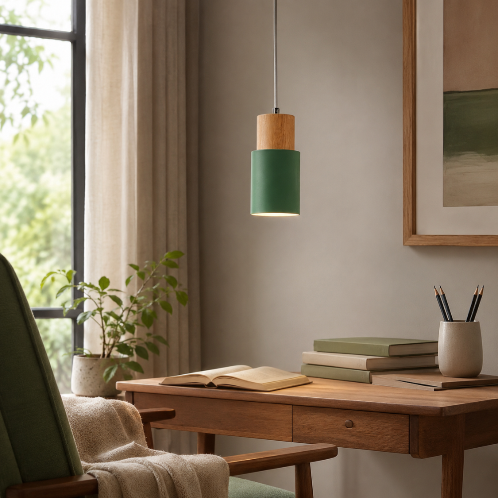 Nowoczesna Lampa Wisząca z Drewna i Metalu – Cylindryczna Lampa Sufitowa z Regulowanym Kablem