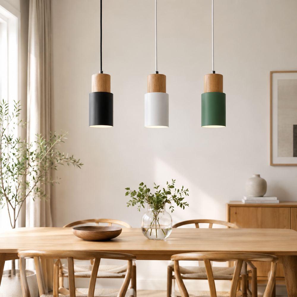 Nowoczesna Lampa Wisząca z Drewna i Metalu – Cylindryczna Lampa Sufitowa z Regulowanym Kablem