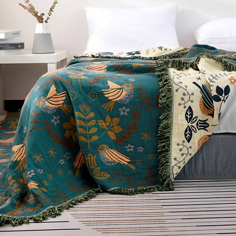 Boho Cotton Throw Blanket - Double-Sided Embroidered Design for Cozy Living Room Decor 4