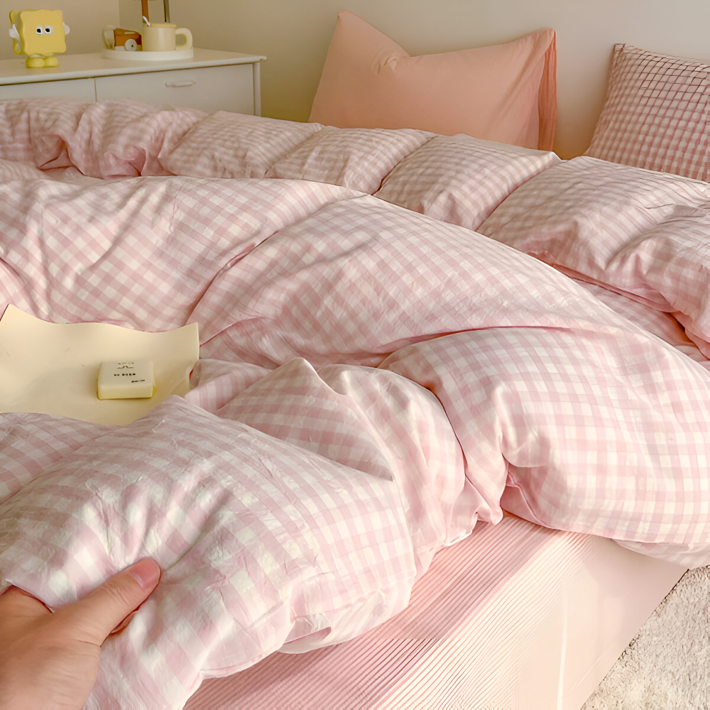 Pościel w kratę 150x200 do 200x230 cm – komplet z poszewkami i zamkiem, 5 kolorów