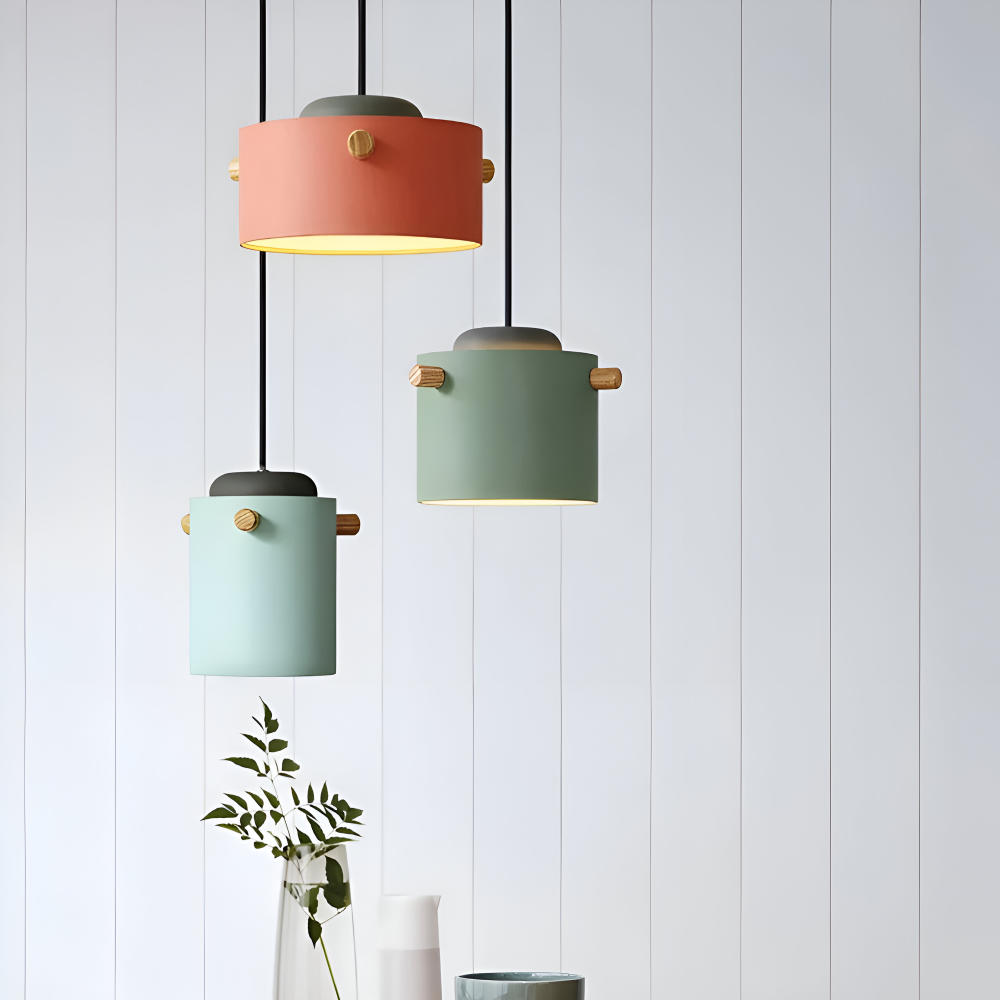 Lampa wisząca pojedyncza LED z drewnianym detalem – cylindryczny klosz 15 do 21 cm, 4 kolory