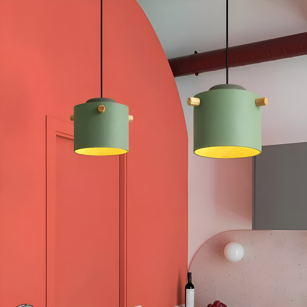 Lampa wisząca pojedyncza LED z drewnianym detalem – cylindryczny klosz 15 do 21 cm, 4 kolory