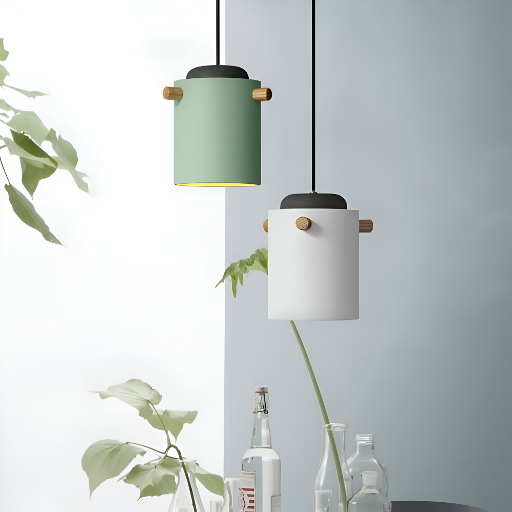Lampa wisząca pojedyncza LED z drewnianym detalem – cylindryczny klosz 15 do 21 cm, 4 kolory