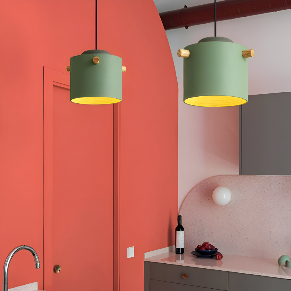 Lampa wisząca pojedyncza LED z drewnianym detalem – cylindryczny klosz 15 do 21 cm, 4 kolory
