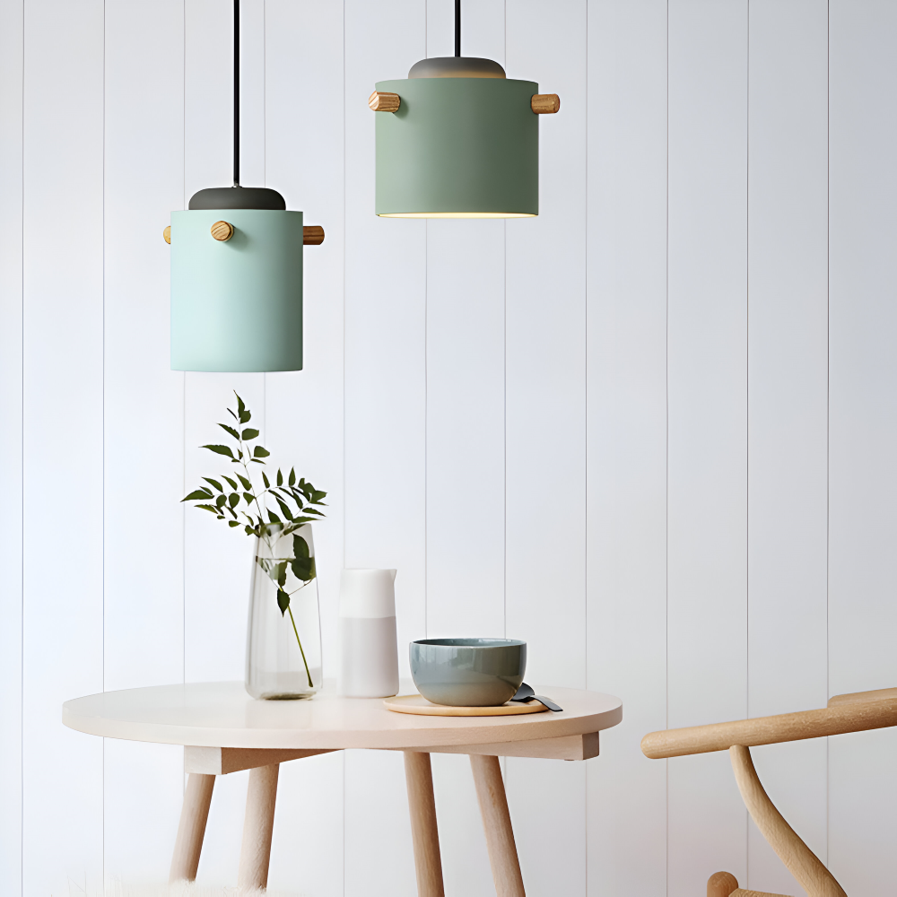 Lampa wisząca pojedyncza LED z drewnianym detalem – cylindryczny klosz 15 do 21 cm, 4 kolory