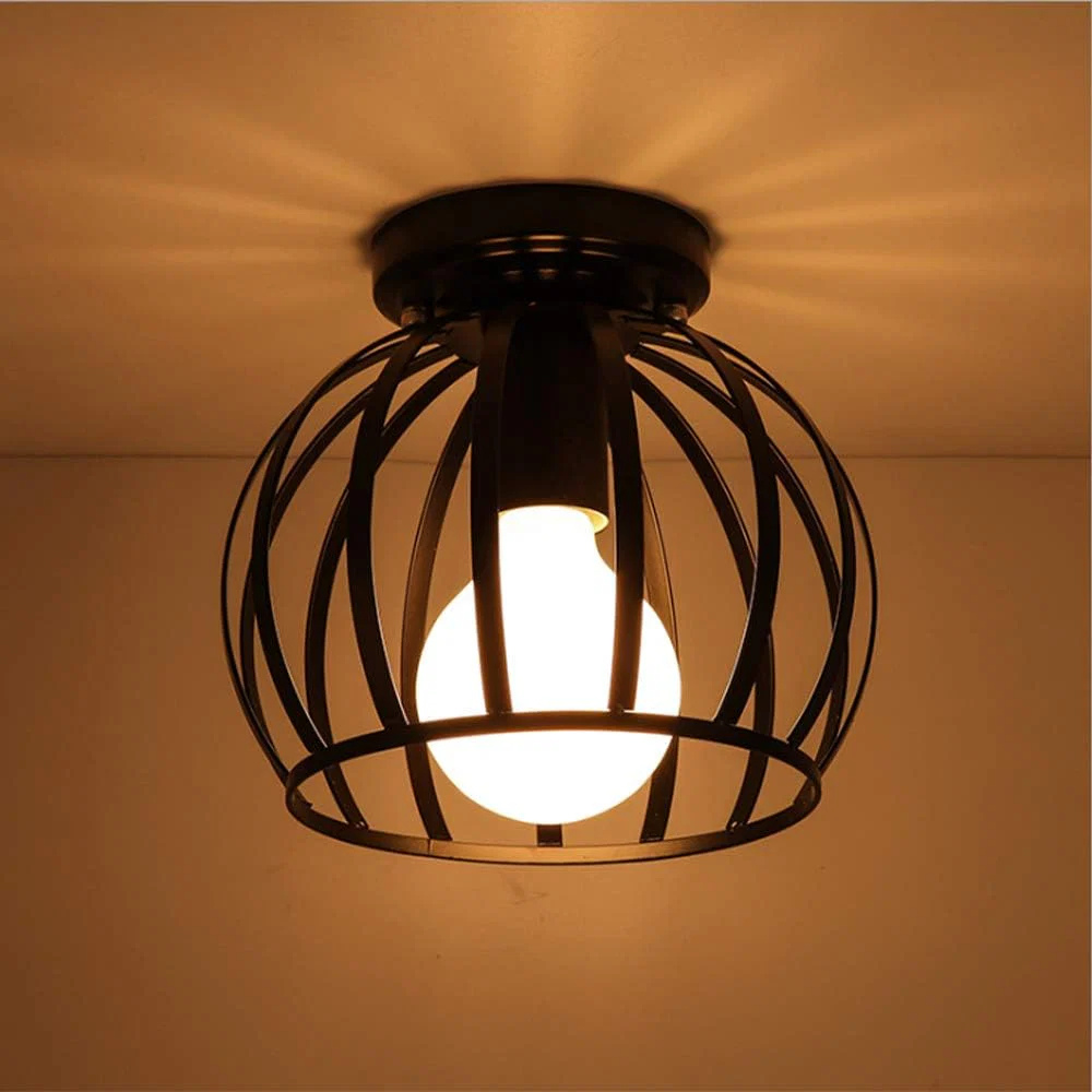 Czarna Metalowa Lampa Sufitowa LED – Geometryczny Plafon z Ażurowym Kloszem do Korytarza i Przedpokoju