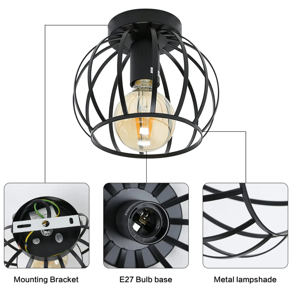 Czarna Metalowa Lampa Sufitowa LED – Geometryczny Plafon z Ażurowym Kloszem do Korytarza i Przedpokoju