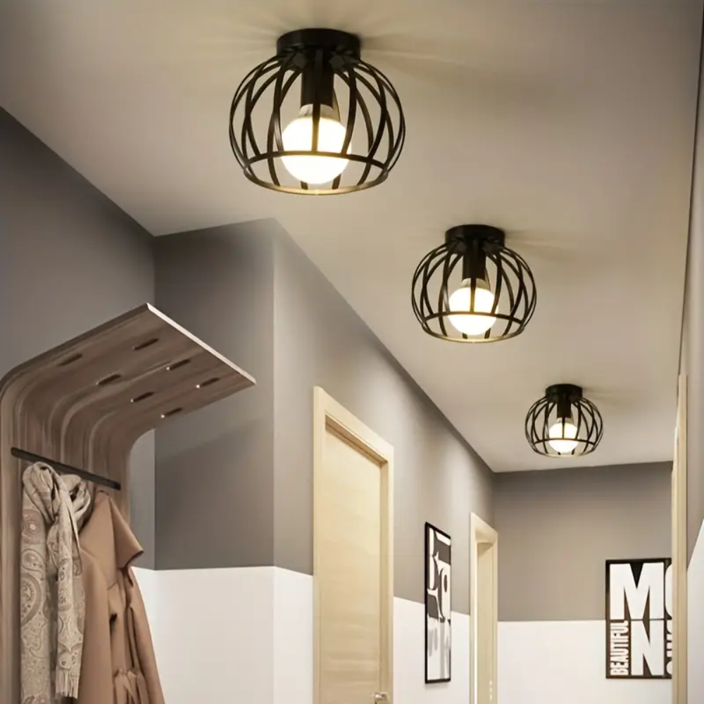 Czarna Metalowa Lampa Sufitowa LED – Geometryczny Plafon z Ażurowym Kloszem do Korytarza i Przedpokoju