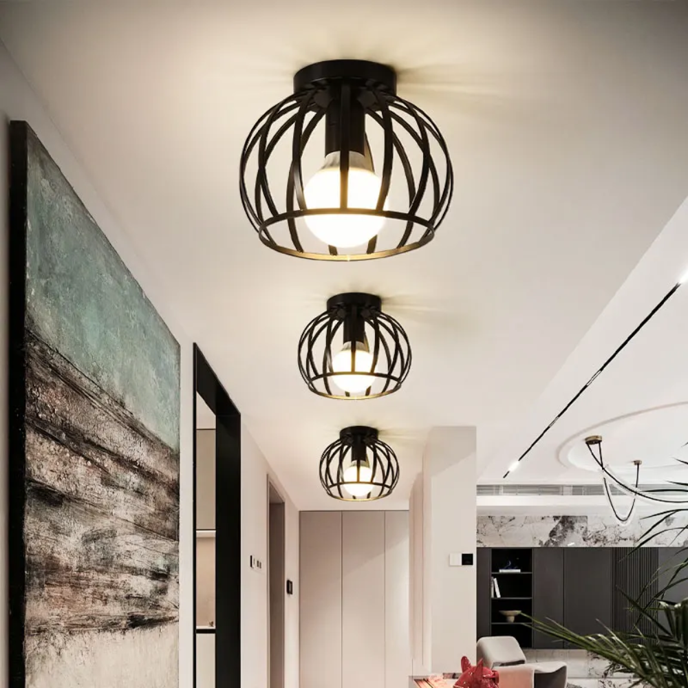 Czarna Metalowa Lampa Sufitowa LED – Geometryczny Plafon z Ażurowym Kloszem do Korytarza i Przedpokoju
