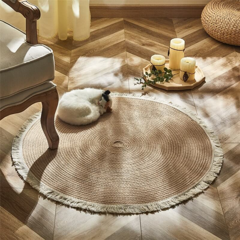 Okrągły Dywan Boho z Frędzlami – Tkany Dywan Dekoracyjny w Naturalnym Stylu do Salonu i Sypialni