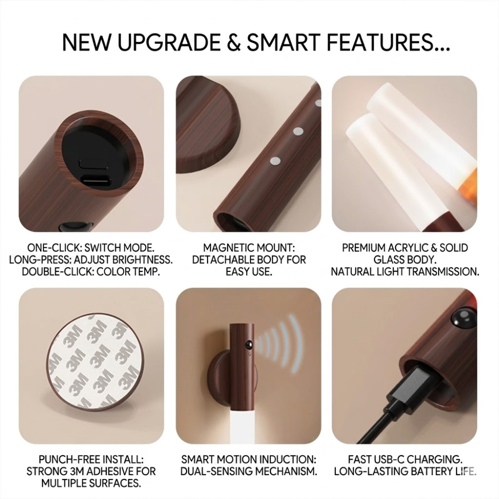 Ecolight Kinkiet Ścienny | Drewno i Akryl, Z Czujnikiem Ruchu, Nordycki Design
