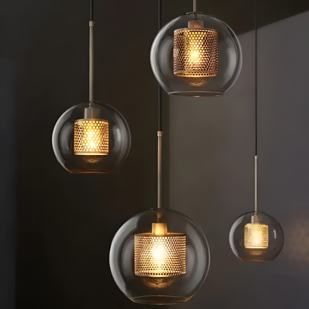 Lampa wisząca złota ze szkła o strukturze plastra miodu – 3 kształty klosza, 5 rozmiarów