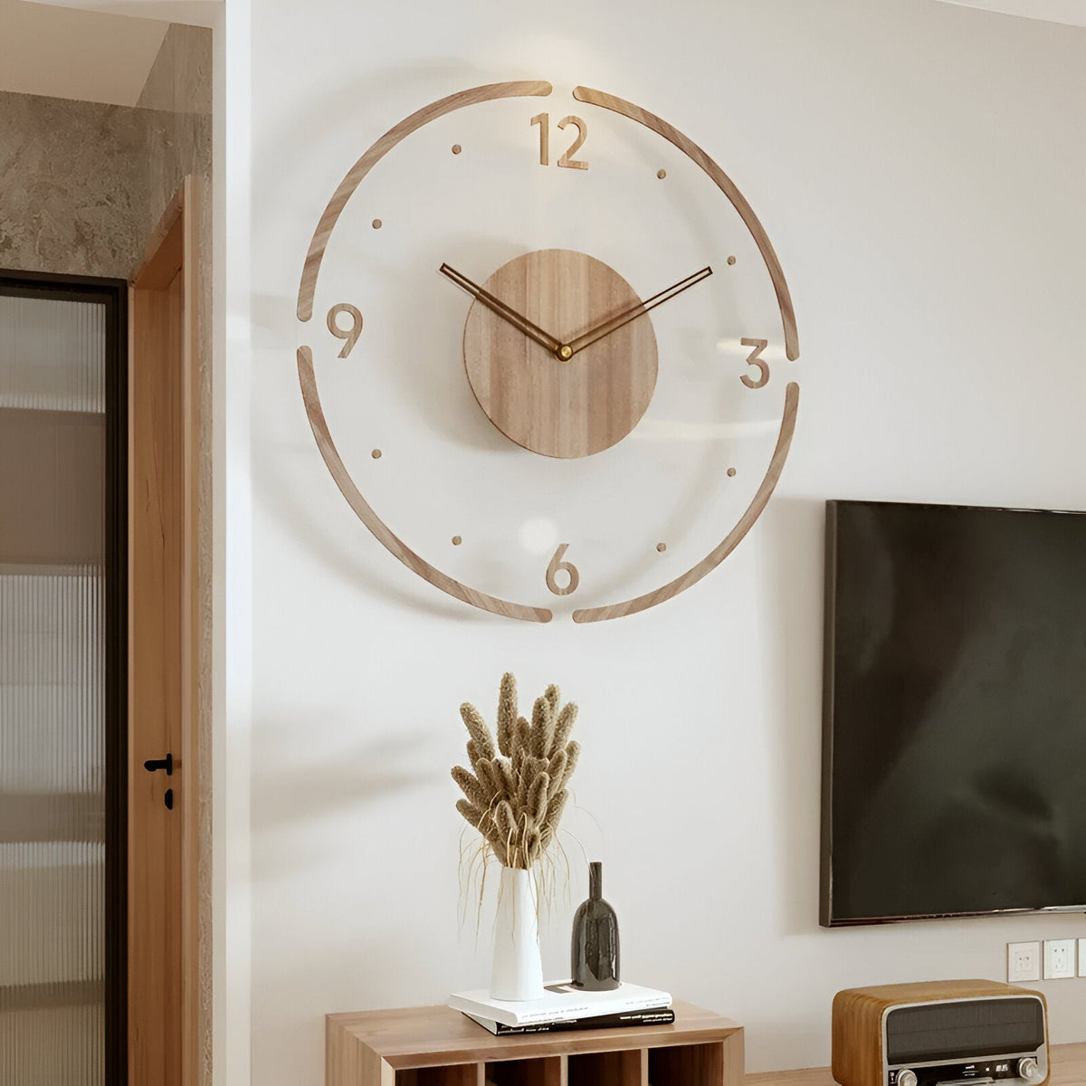 Zegar ścienny drewniany 30 lub 35 cm – przezroczysta tarcza akrylowa, cichy, 3 wzory