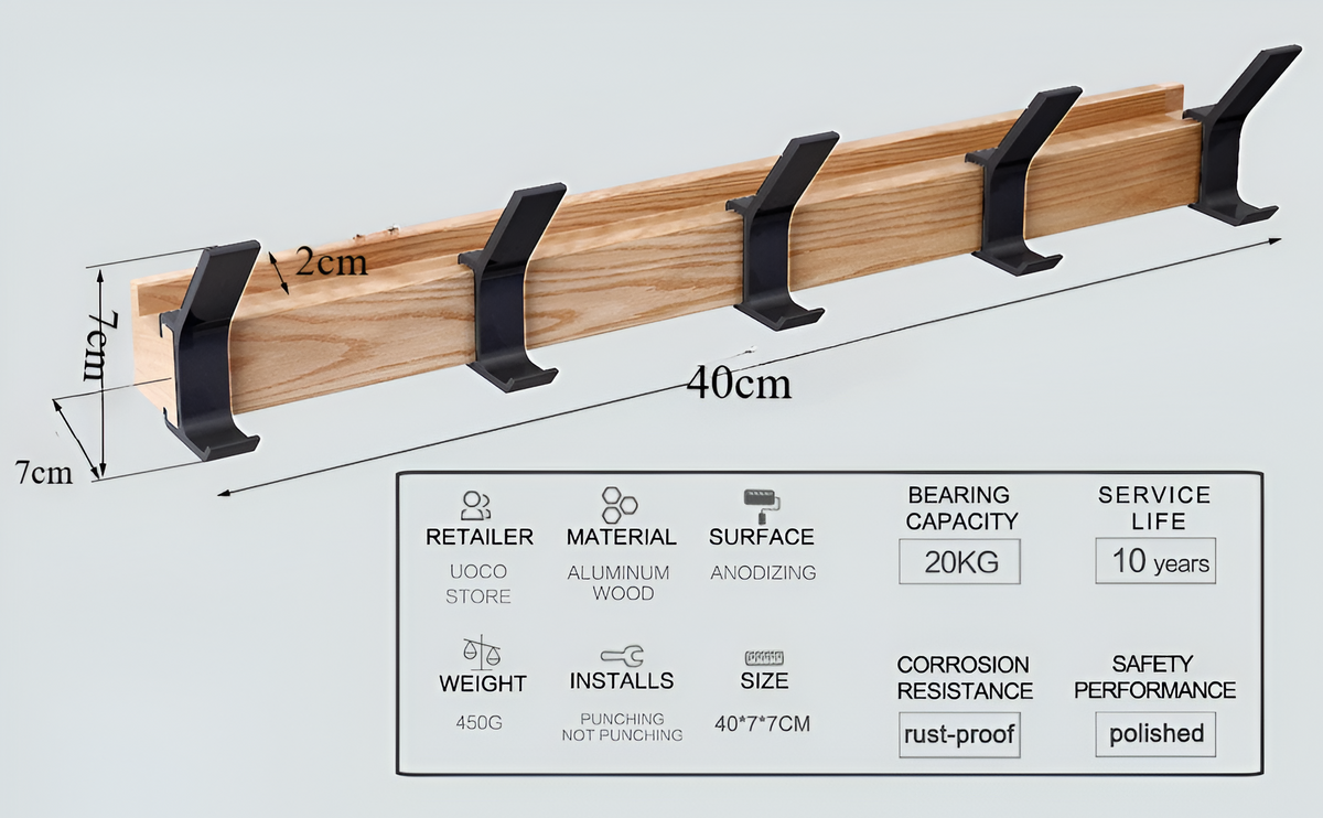 Wieszak ścienny drewniany z 5 haczykami 40 cm – na ubrania, kurtki i ręczniki