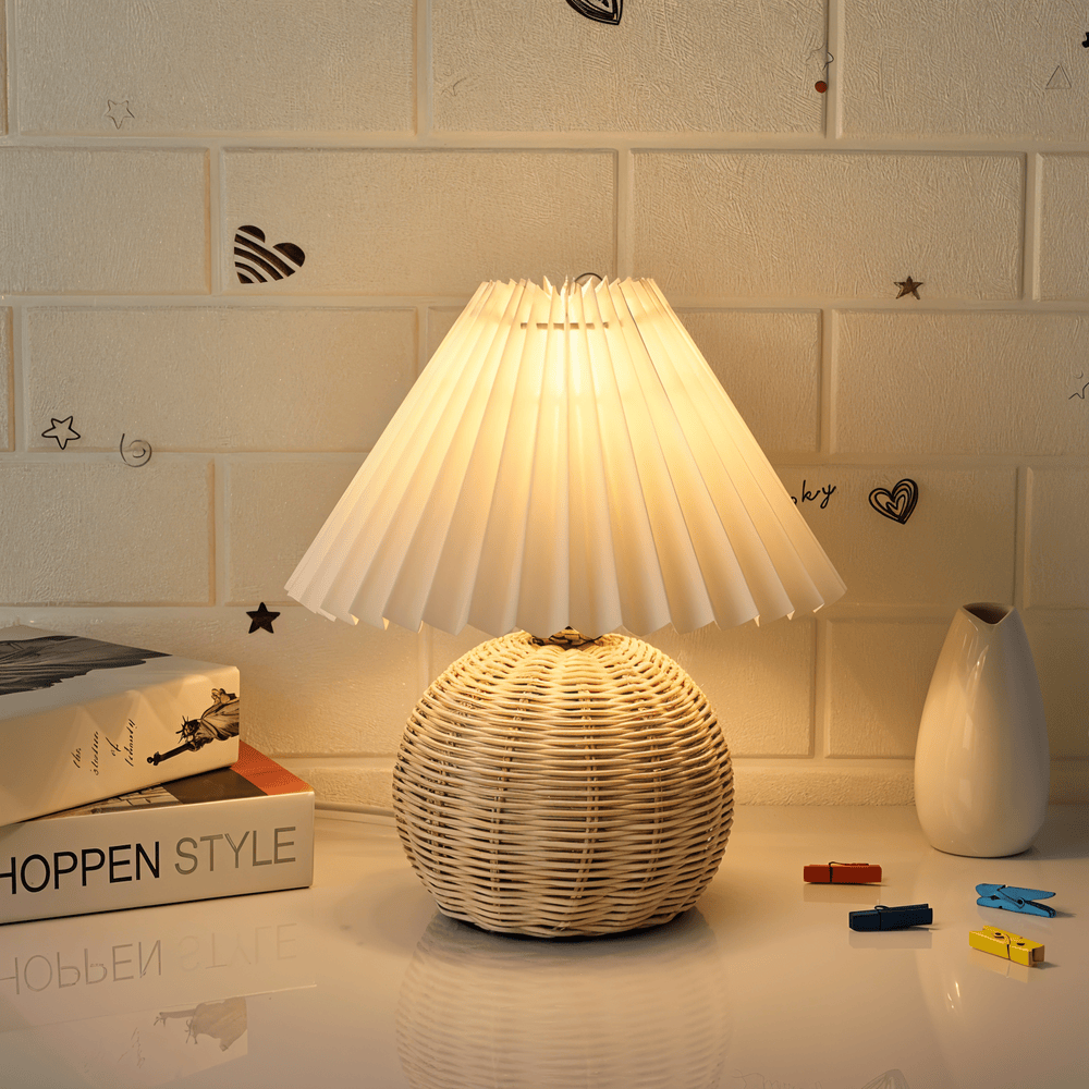 Lampa stołowa Brolly Pleated - Lampa rattanowa w stylu retro - Lampa stołowa stożkowa 3