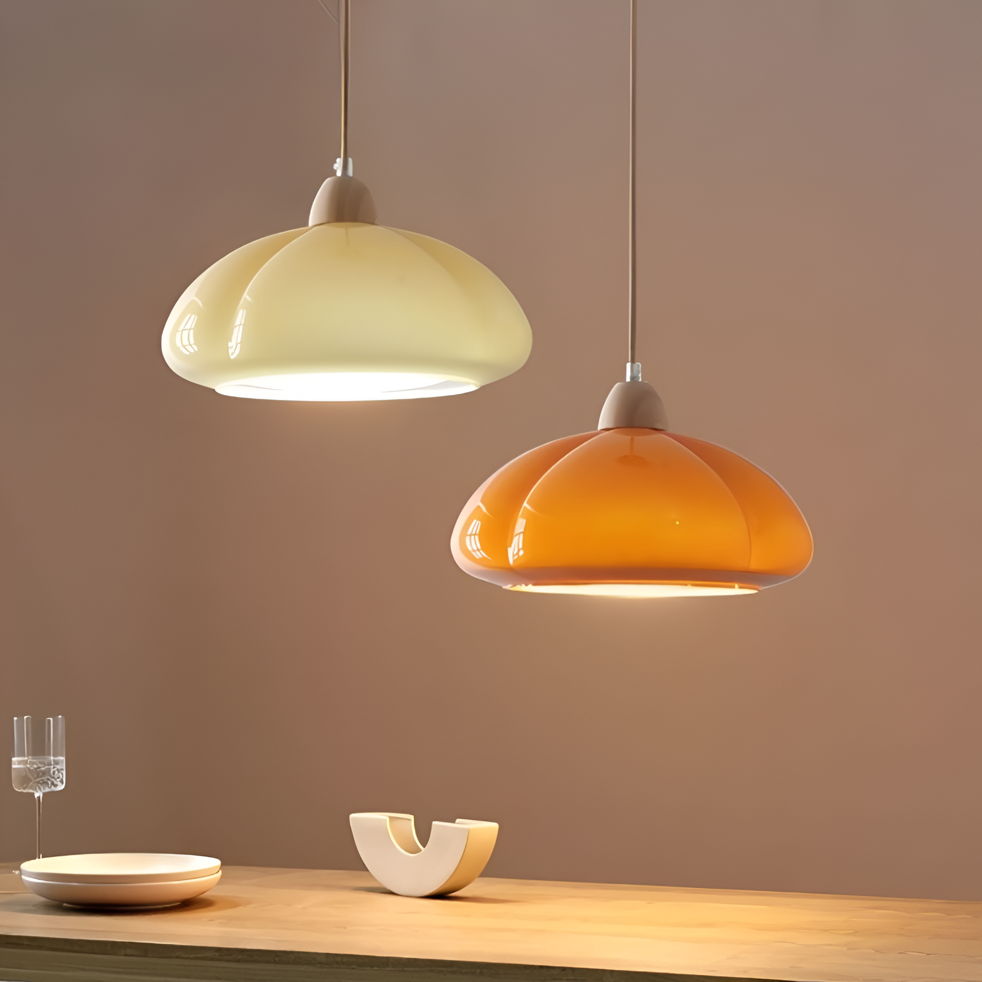 Lampa wisząca w stylu retro - Lampa wisząca inspirowana dynią, wykonana ze szkła nordyckiego i drewna 5