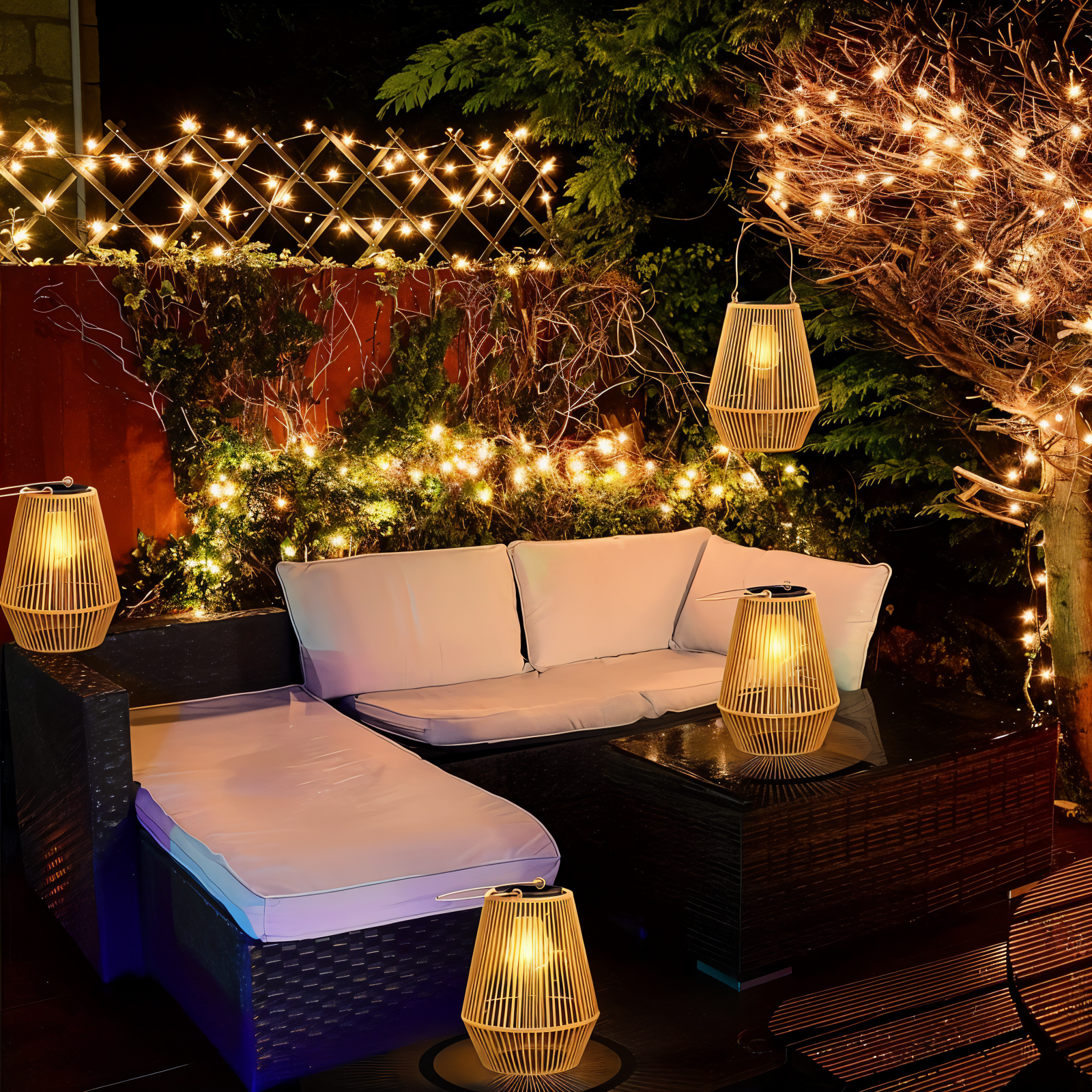 Lampy solarne CageRattan Garden - Lampy solarne bambusowe - Wodoodporna wisząca latarnia 3