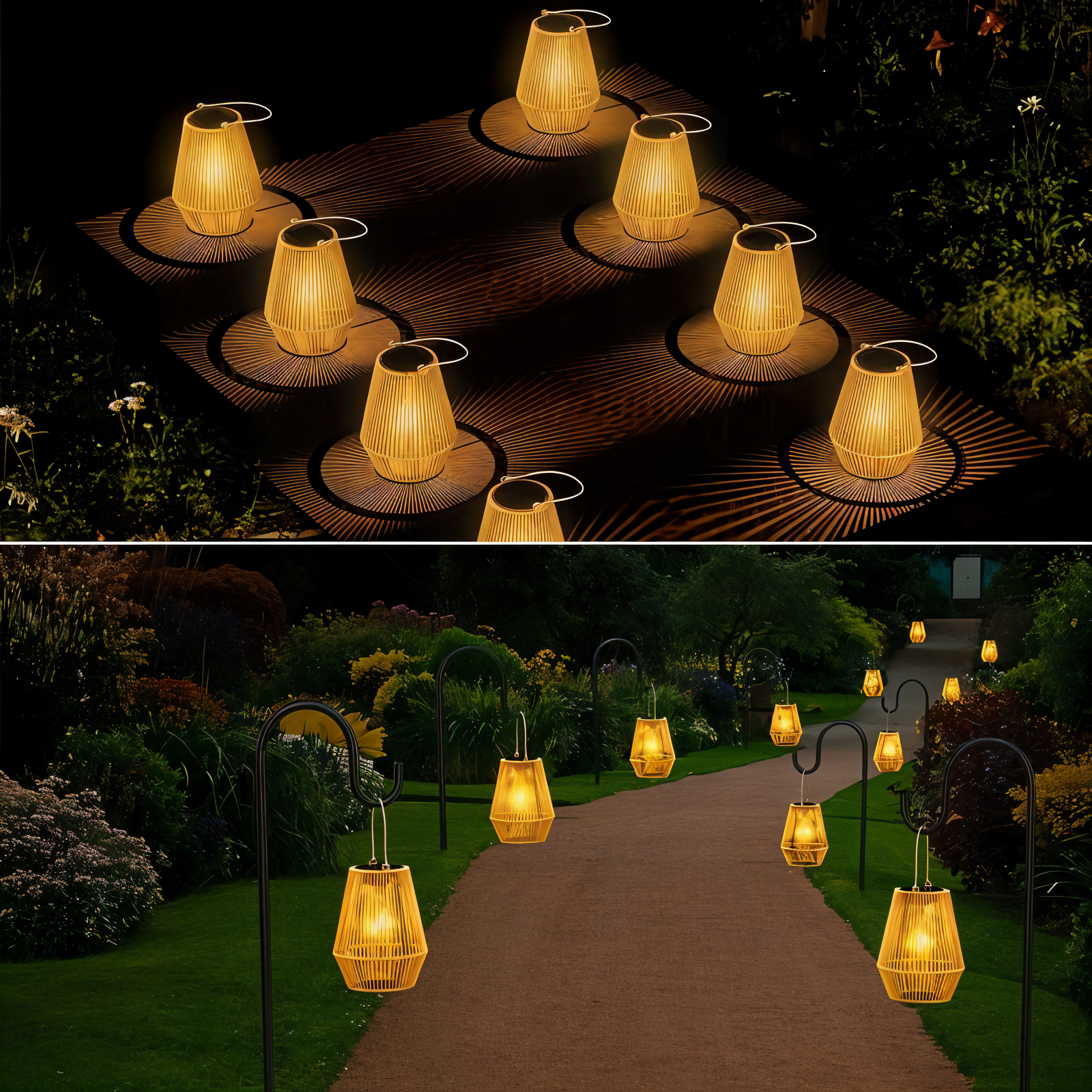 Lampy solarne CageRattan Garden - Lampy solarne bambusowe - Wodoodporna wisząca latarnia 5