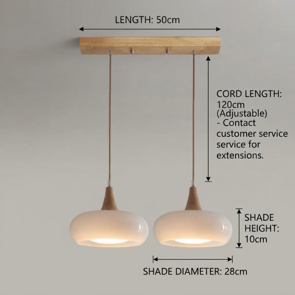 Wymiary lampy wiszącej z dwoma kloszami: listwa 50 cm, klosz 28 cm, przewód 120 cm