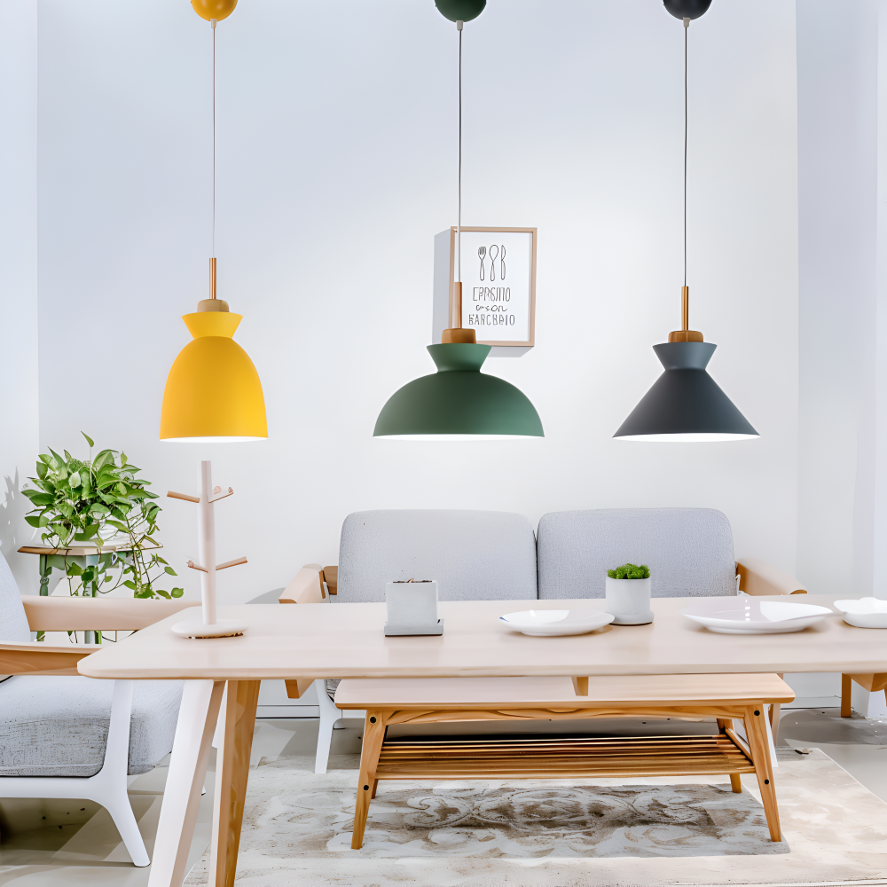 Lampa wisząca do kuchni w kolorach makaronowych – metalowy klosz E27, 3 kształty i 3 kolory