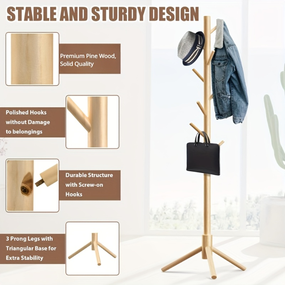 Minimalistyczny Wieszak Stojący na Ubrania 175cm - Solidne Drewno w Naturalnym Kolorze do Przedpokoju 4