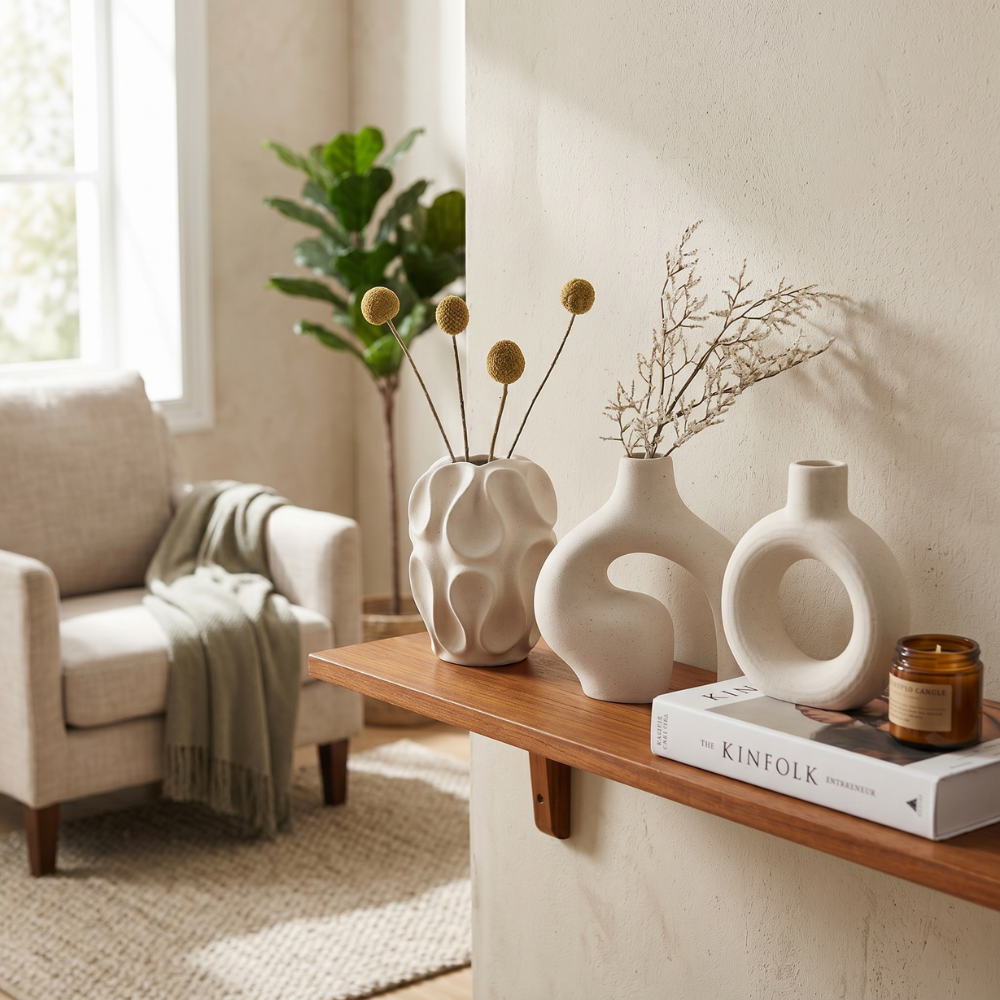 Minimalistyczny Zestaw Wazonów Boho 3 Sztuki - Geometryczna Ceramika Biała do Eleganckich Wnętrz 1
