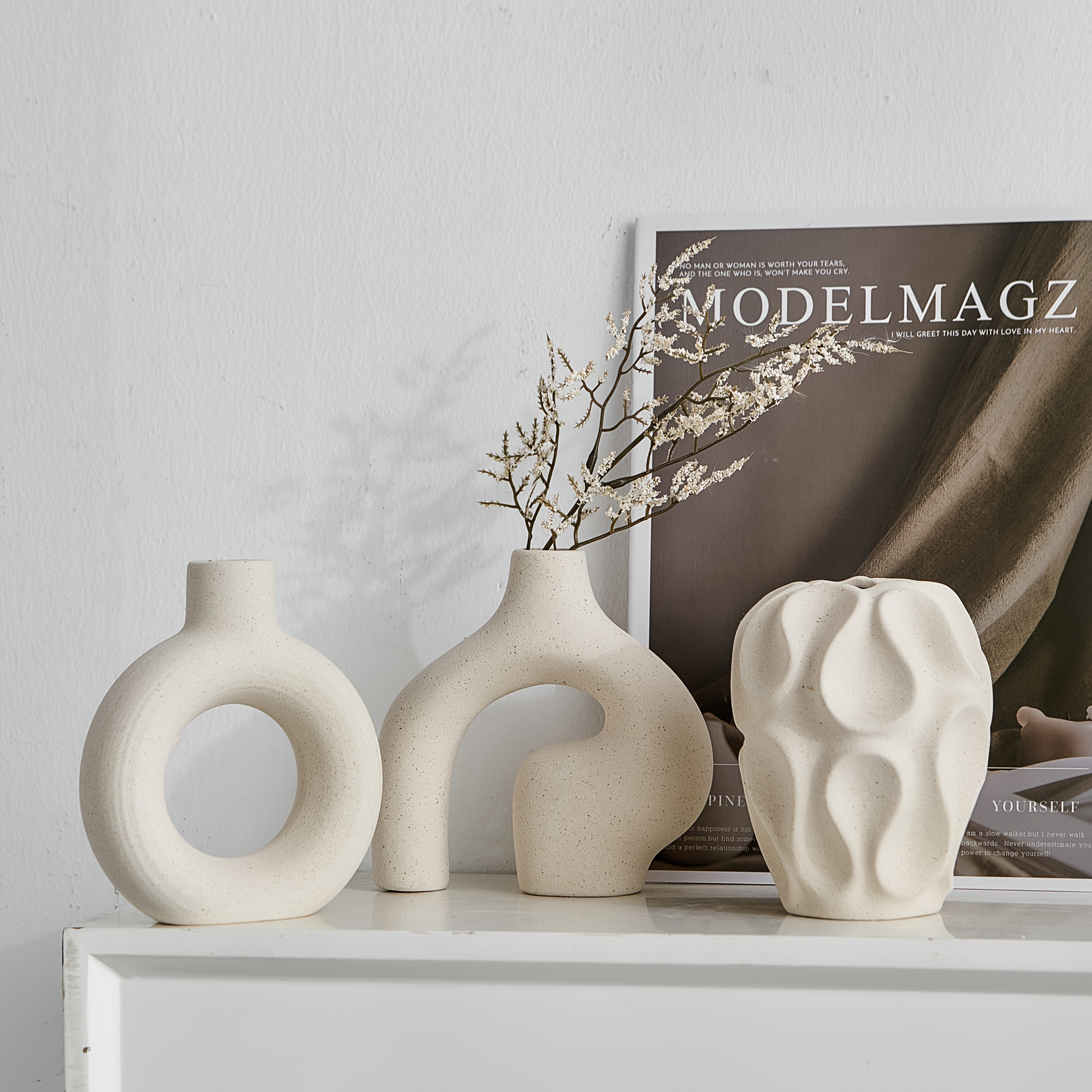 Minimalistyczny Zestaw Wazonów Boho 3 Sztuki - Geometryczna Ceramika Biała do Eleganckich Wnętrz 5