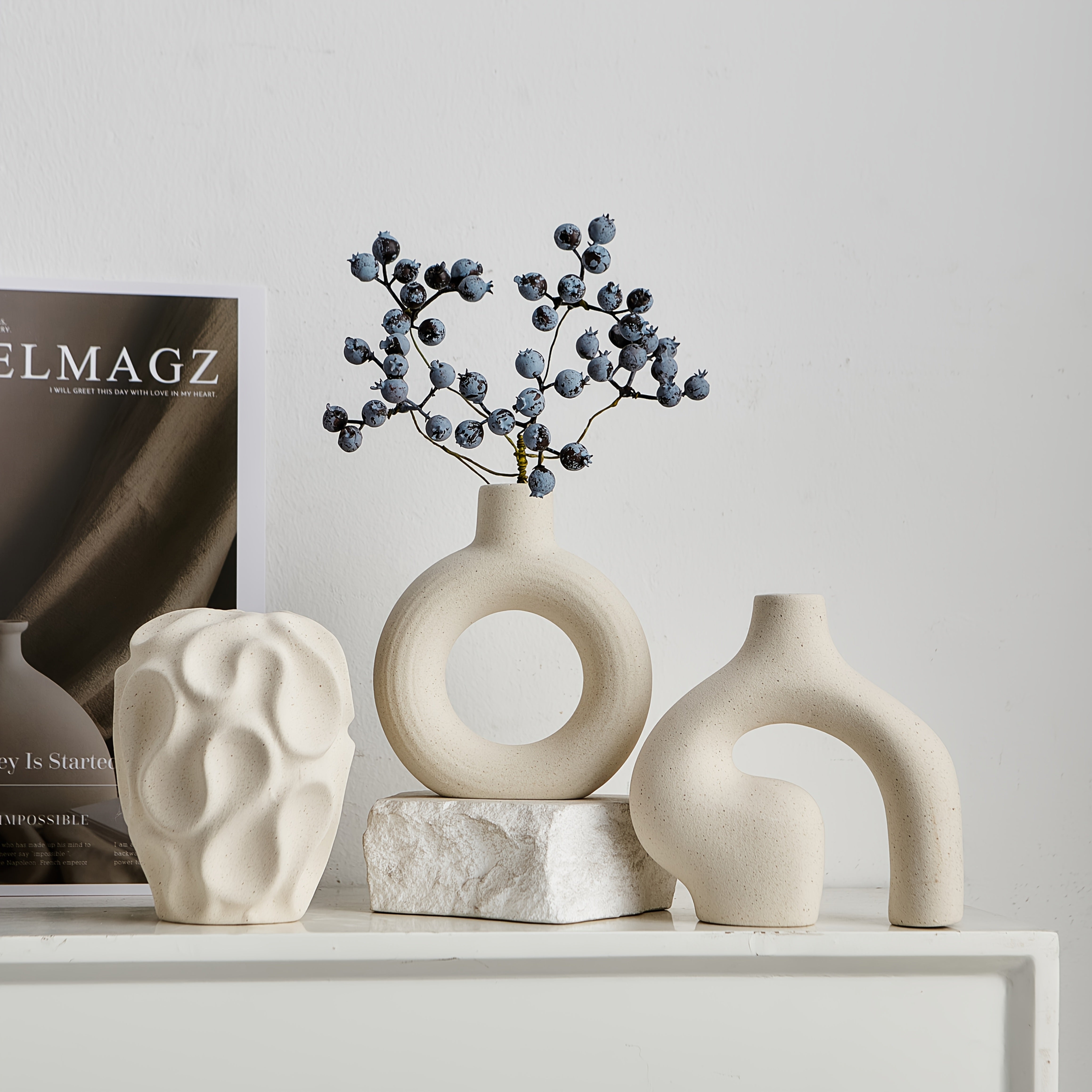 Minimalistyczny Zestaw Wazonów Boho 3 Sztuki - Geometryczna Ceramika Biała do Eleganckich Wnętrz 7