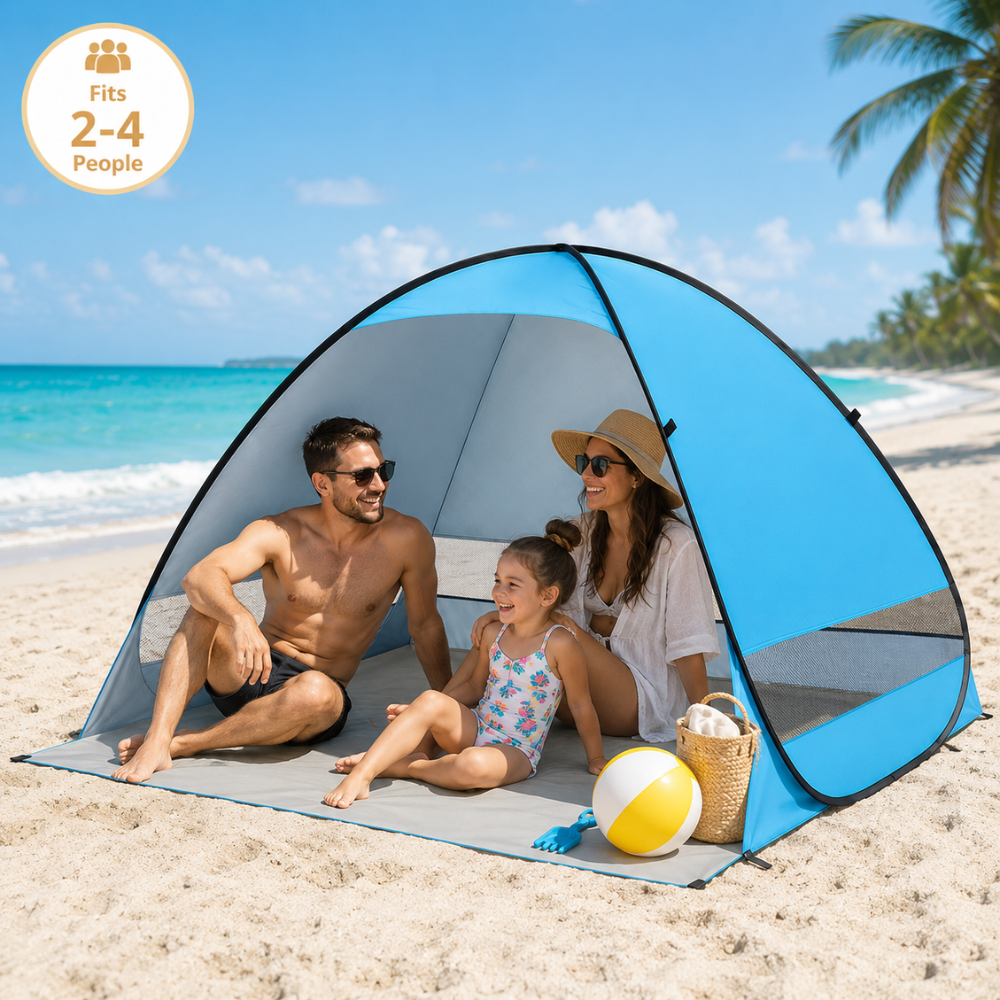Namiot plażowy typu pop-up, niebieski, 200 x 165 x 130 cm, UPF50+, poliester, do biwakowania na plaży 1